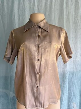Truffles Silver Metallic Button Front Blouse Size Small Vintage Made in USA